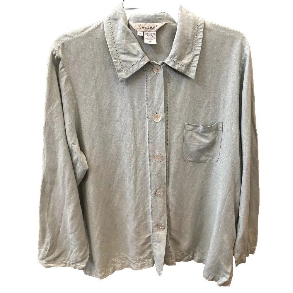 Melrose Collectibles Vintage Top Women Collar Button Down M Linen Rayon Pocket